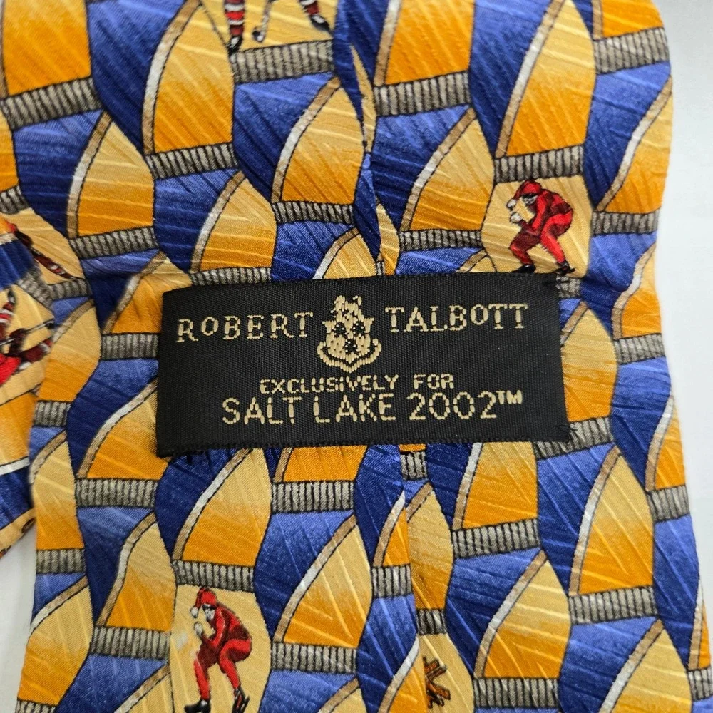 Robert Talbott Salt Lake 2002 Olympic Games Silk Tie Hockey Gold Blue USA Made